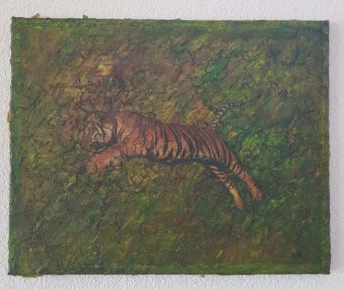 tigre della giungla 03.2021 tusche acryl gel leim 40x50cm